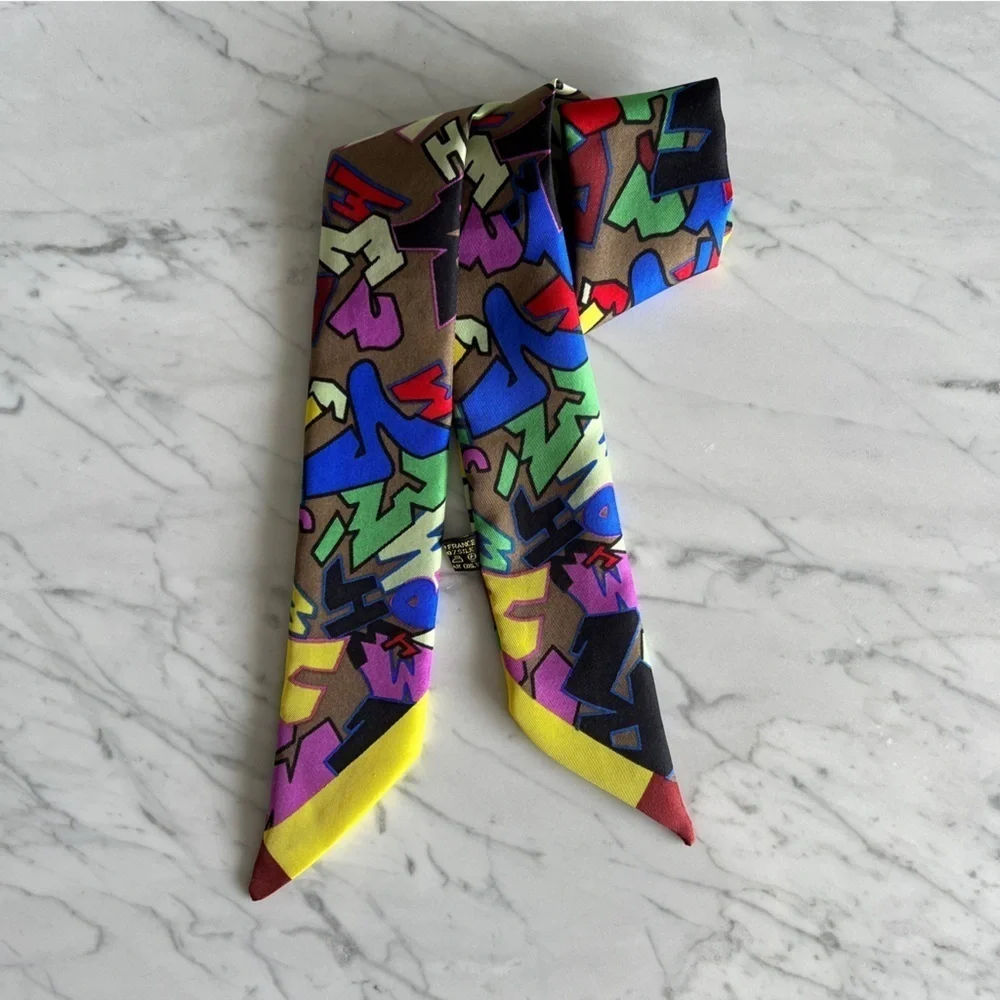 Silk Twilly Scarf, Graffiti Pattern, Multicolor